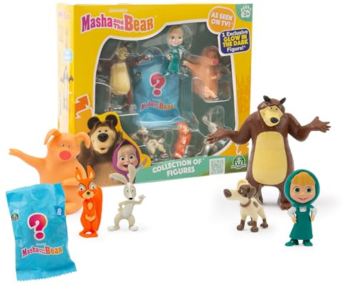 Giochi Preziosi Masha and the Bear – Set of 6 Characters from the Famous TV Series 5 to 7 cm Tall and 1 Exclusive Surprise Glow in the Dark for Children from 3 Years