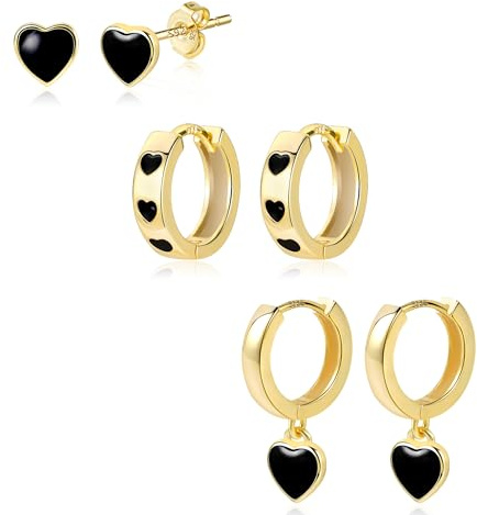 ALEXCRAFT Orecchini Cuore Set Orecchini Donna Oro 14K Placcato Gioielli Orecchini Cuore Nero Cerchi Piccoli Tre Buchi Gioielli