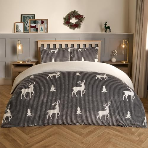 OHS Ribbed Teddy Fleece Duvet Set King Size Stag Print, Ultra Soft Reverse Faux Fur Duvet King Size with Pillowcases Teddy Fleece Fur Thermal Chunky Ribbed Bedding - Grey