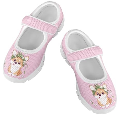 Binienty Cute Corgi Mary Jane Mesh Ballet Flats for Girls Walking Shoes Wide Toe Box Shoes Adjustable Barefoot Shoes Casual Sneakers Breathable Outdoor Walking Shoes