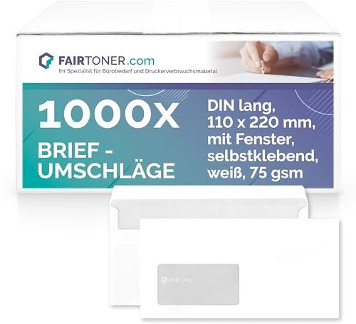 FairToner Briefumschläge DIN lang mit Fenster (1.000 Stück) selbstklebend, Fensterbriefumschläge 22 x 11 cm weiß