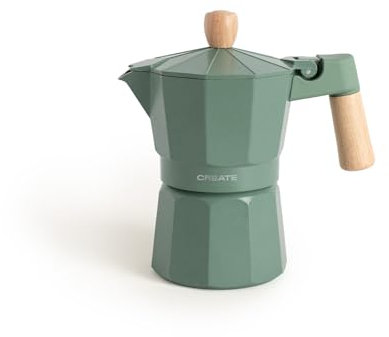 CREATE / THERA MOKA RETRO/Cafetera italiana sin adaptador para inducción verde sage/Capacidad de 6 tazas, aluminio, 350 ml, válvula de seguridad, apta para gas, cocina eléctrica o vitro