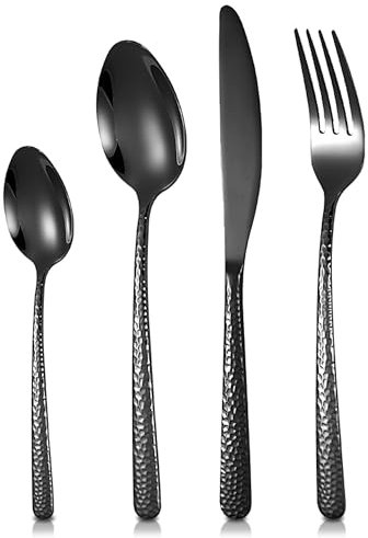 Black Cutlery Set, SEVERN LIVING, 24 Piece Polished Black Stainless Steel Flatware Set, Silverware Tableware Set with Spoon Knife and Fork Set, Service for 6 People, Easy Clean