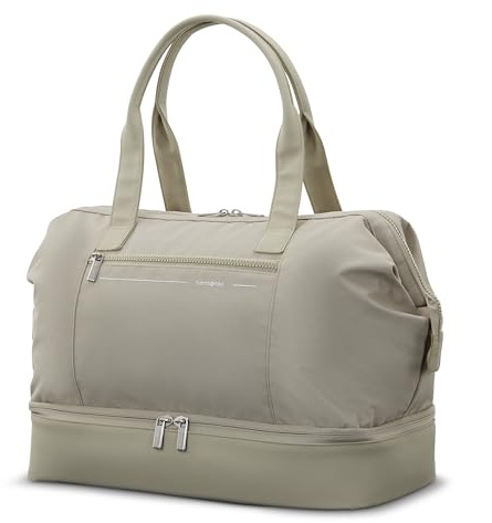 Samsonite Better Than Basics Weekender Duffle – Drop Bottom Travel Bag with 14” Laptop Compartment, SmartSleeve™ Strap, Adjustable Shoulder Strap, Durable RPET Lining, Limestone Grey