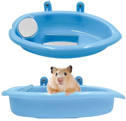 MinrzPet 2-Pack Plastic Small Animal Bathtub & Food Bowl – Blue Sand Bath Container with Mirrors & Cage Mount Kit for Hamsters, Rats & Other Small Pets