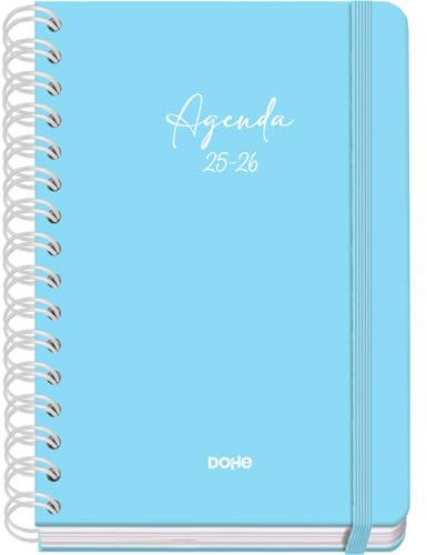 Dohe - Skolkalender 2025 2026 - Vecka per uppslag, Storlek A5 (15x21 cm), Spanska och Engelska, Dubbelspiralbindning och Resårband, Hårt omslag, 4 Klistersidesark - SERENITY Blå