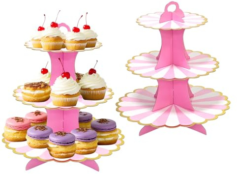 2 Stück Tortenständer aus Karton, 3 Etagen Cupcake Ständer Dessert Turm – Muffinständer für Hochzeit, Geburtstag, Party – Kuchenständer, Etagere für Brötchen, Käseplatte, Cupcakes(Rosa)