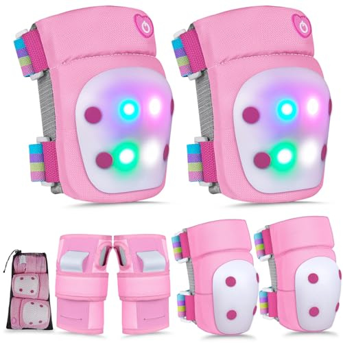 MHJY Kids Knee Pads with Light 6 Pcs Knee and Elbow Pads Wrist Guard Sports Protective Gear Set for Children Ages 3-8 Girls Boys Gift for Bike Roller Skates Skateboard Scooter