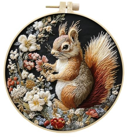 Meecaa Embroidery Kit Starter Set, Squirrel Flower Animal Hand Embroidery Set, Pattern Printed Cross Stitch Set for Beginner Adults, with Embroidery Hoop and Instructions (Squirrel 3)