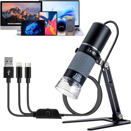Jiusion 1080P USB digitalt handhållet mikroskop, 50 till 1000x förstoring Endoskop Full HD 1920x1080P kamera 8 lysdioder med metallstativ för iPhone iPad Android Mac Windows Linux Chrome | Full HD 1920x1080P 8-LED-kamera med metallfäste för iPhone iPad Android Mac Windows Linux Chrome Kit Plug and Play
