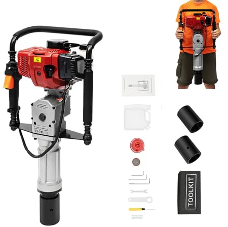 HUOMMGS Bensin Pålpålar 2-taktsmotor Jordborr 52CC 1900W Pålpålar med 55 & 70mm hylsor Bensin Rammemaskin Handdragstart Pålpålar för byggnader, skyltbräder, hållare