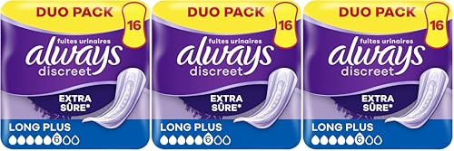 Always Discreet Serviettes Pour Fuites Urinaires Femmes Long Plus 16 Serviettes Protection Extra Sûre Et Discrétion Optimale (Lot de 3)