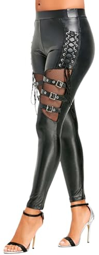 Women's Wet Look Faux Leather Fishnet Splice Legging Pants with Buckles Side Lace Up Skinny Sexy Skinny PU Leather Pants Festival & Costume, Black, 3XL