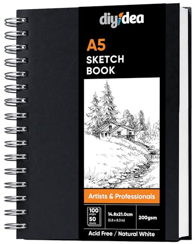 DIYIDEA Album da Disegno A5 200 g/m² – 100 Pagine, Spirale con Copertina Rigida – Blocco Disegno per Matita, Carboncino, Grafite e Pastello – Per Principianti e Professionisti