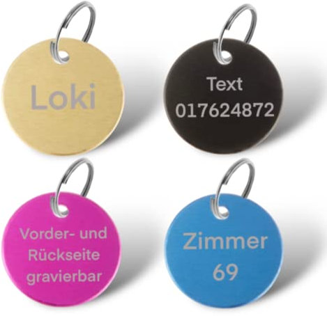Personalisierte Hundemarke – Kreis 25mm – gravierbare Haustiermarke aus Aluminium – beidseitig beschriftbar – viele Farben