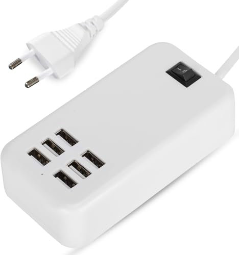 Estación de Carga USB, Escritorio USB Hub Cargador con Cargador múltiple de 30 W Concentrador de 6 Puertos 100 a 240 V con Cable de 150 cm para Smartphones y Tablets