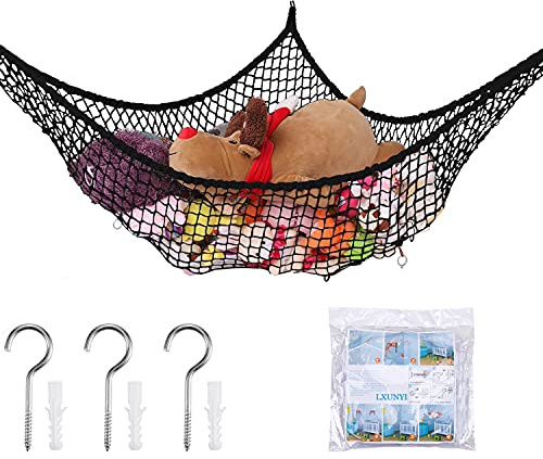 Stuffed Animal Hammock, Toy Hammock Storage Net, LXUNYI Mesh Toy Net Holder Jumbo Wall Corner Giant Baby Kids Children Stuff animals Hammocks Net Organizer for Bedroom (Black, 84 inch)