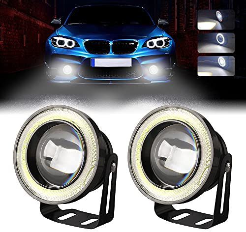 Chemini 2 x 3,5 LED-Nebelscheinwerfer, 12 V, 10 W, 6000 K, Tagfahrlicht mit weißem Angel Eye, Ersatz für Auto-Nebelscheinwerfer, Motorrad-Scheinwerfer, Tagfahrlicht