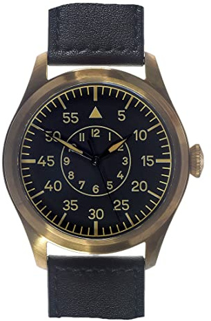 MWC Classic 46 mm Luftwaffe Pattern Automático Acero Negro Bronce Cuero Militar Aviador Pilot Hombre Reloj, Negro , Correa