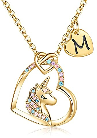 TINGN Collar de Unicornio Regalos para Niña, Chapado en Oro de 14 Quilates Inicial M Corazón Colgante CZ Unicornio Letra Collar Oro para Niñas Cumpleaños Unicornios regalos para Niña Mujeres Joyería