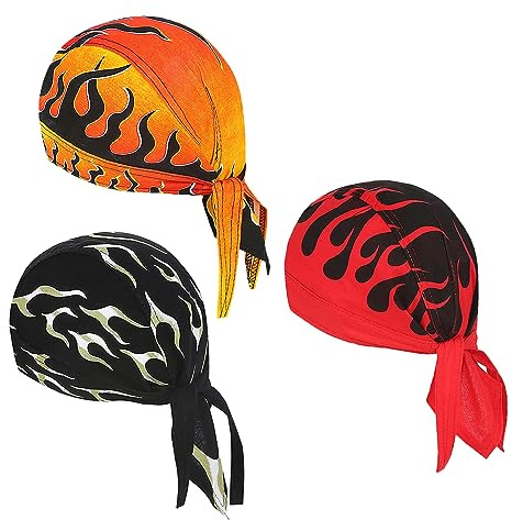 DANLCUPL 3 Pcs DOO Rags Dew Rag Skull Cap Pirate Hat Cooling Head Wrap Bandana Helmet Liner for Men Cycling Motorcycle (Fire Flames Style) Black