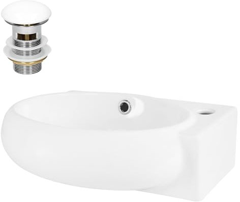 ML-Design Waschbecken aus Keramik, Weiß, 43x28x15 cm, Oval, klein, Hahnloch rechts, inkl. Ablaufgarnitur Weiß, Wandmontage/Aufsatzwaschbecken, Moderne Waschtisch Waschschale Waschplatz Handwaschbecken