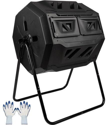 Compost Tumbler - 43Gal Compost Bin with Dual Chambers, 360-Degree Rotating Design, and Garden Gloves Included - Homesteading Supplies by Pure Garden