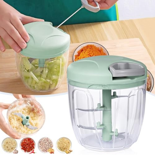 NIUAWASA Tritatutto Manuale, 900ml Mano Cibo Trituratore a Corda Facile Pulizia Verdure Robot da Cucina con Lame in Acciaio Inox Affettatrice Dicer Grinder per Cipolle Aglio Noci (Verde)