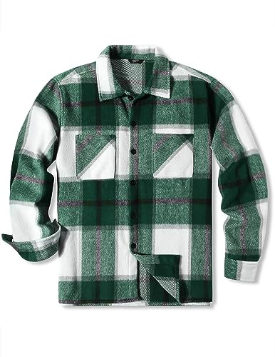 COOFANDY Camisa de Franela de Manga Larga a Cuadros para Hombre Chaqueta Casual a Cuadros con Bolsillos Verde L