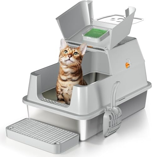 XXL Edelstahl Katzenklo mit Deckel, 180° Flip-Oben XXL Katzentoilette, Große Katzentoilette aus Edelstahl, Geschlossen Katzenklo Katzen WC, Auslaufsicher und Leicht zu Reinigen - Grau