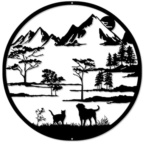Luccyle Montagna e la foresta in metallo arte da parete, cane e gatto decorazione murale Silhouette Art, scultura da parete rustica appeso Home Decor per giardino interno all'aperto(19.7Inch)