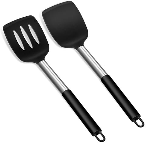 lohey 2 Pack Silicone Spatula Turner, Heat Resistant Cooking Utensils, Non Stick Slotted Kitchen Spatula Set Bpa Free Cookware for Baking, Fish, Egg, Pancake