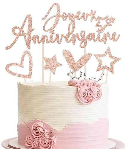 9pcs Décoration de Gâteau Joyeux Anniversaire Or Rose Cake Cupcake Topper Étoile Cœur Gâteau Topper Happy Birthday à Paillettes Personnalisée Décoration de Table pour Mariage Anniversaire Fête
