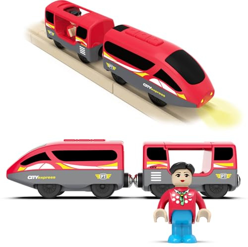 DxxD Tren Eléctrico para Niños con Luz y Sonido, Locomotora de Acción con Pilas Compatible con Thomas, Brio - Regalos para Niños Niñas 3 4 5 6 7 8 años, Rojo