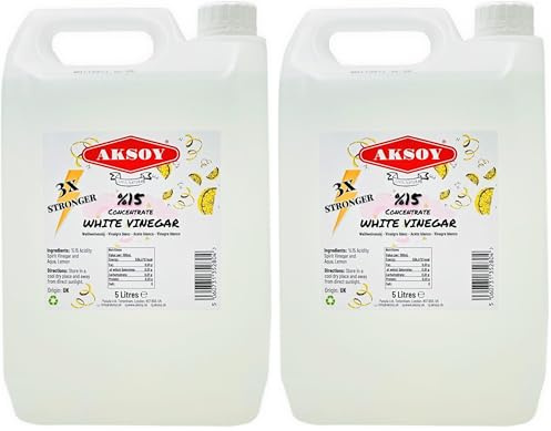 Aksoy Lemon White Vinegar 15% Concentrate 5LT | 3X Stronger Than Regular White Vinegar | Perfect for Cleaning, Tough Stains, Weed Killer, Descaling & Household Use (Pack of 2)