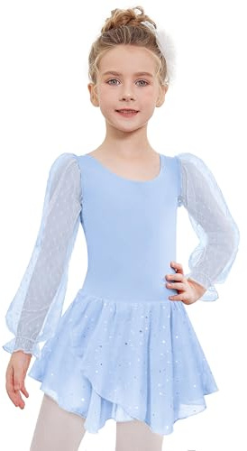 Arshiner Vestidos de Ballet Niña Malla Manga Larga Ropa de Danza Azul de Algodón Vestido de Danza Maillot de Ballet Infantil de Color Sólido con Falda de Tul 4-5 Años