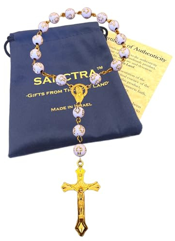 SANCTRA Rosario da appendere alla porta, fatto a mano e benedetto in Terra Santa, rosario con medaglia e crocifisso, sacchetto regalo e certificato di autenticità, croce da appendere alla porta