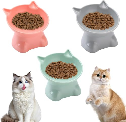 Katzennapf Set, 3 Stück Futternapf Katze erhöht, katzennapf flach erhöhts, fressnapf Katze erhöht mit 15° Neigung Design und Unterlage, Wasser Fütterung Schüssel für Katzes