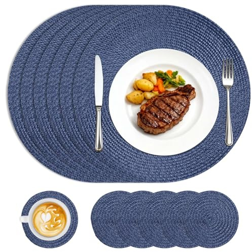 Homcomodar Round Placemats and Coasters Set of 6 Braided Woven Table Mats Washable Heat Resistant Place Mats for Tables Blue Placemats for Home Kitchen, Dining Table, Outdoor,34cm