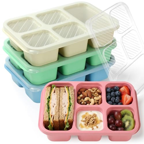 Kryndle 4 Pack Snack Box, 5 Compartments Stackable Bento Lunch Box | Reusable Food Storage Container Suitable for Kids & Adults, Ideal for School, Office, Travel and Picnic
