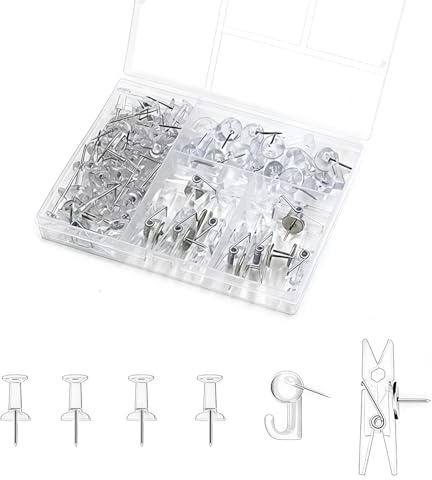 60Pcs Push Pins, Transparent Plastic Head Drawing Pins with Storage Box, Clear Poster Pin, Multi Functional Push Pin Set for Cork Board, Notice Board, Pinboard, Bulletin Boards, Xmas Party