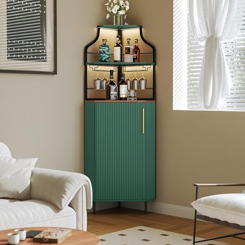 HOLTICO Corner Bar Cabinet, Drink Cabinet with Glass Holders, Wine Storage Sideboard for Home Bar, Living Room, Kitchen, Dining Room, Green