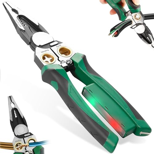 8 in 1 Pinza Spelafili con Tester Tensione, Pelacavi, Spellafili, Spellacavi Professionale, Pinze Elettricista, Utensile Taglio Multifunzione per Tagliare, Crimpatura, Trafilatura Cavi (Verde)