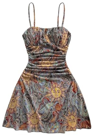 GORGLITTER Paisley Dresses for Women UK Vintage Graphic Ruched Bust Fit and Flare Going Out Mini Dress Green X-Large