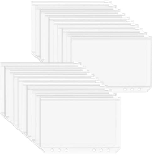 20 Pieces A5 6 Holes PVC Zipper Binder Punched Pockets Folder 21 x 15 cm | Plastic Budget Binder Pockets, Waterproof A5 Ring Binder Inserts for Home Office Cards Budget Binders and Cash Organization