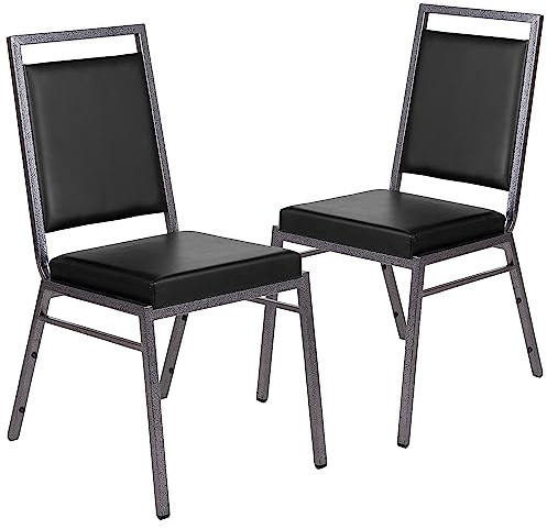 Flash Furniture 2 Pack HERCULES Series Square Back Stacking Banquet Chair in Black Vinyl with Silvervein Frame