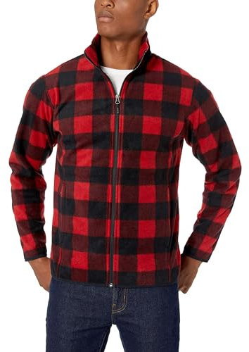 Amazon Essentials Herren Fleecejacke mit durchgehendem Reißverschluss (in Big und Tall erhältlich), Rot Schwarz Buffalokaros, M