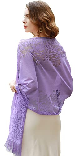 RIIQIICHY Chale Femme Fête Etole Mariage Bal Floral Dentelle Mesh Violet Echarpes et Foulards avec Frange