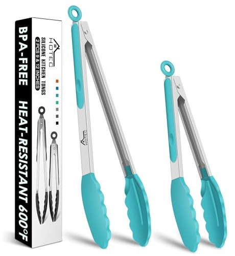 HOTEC Premium-Küchenzange aus Edelstahl, mit Verriegelung, Kochzange mit Silikonspitze, 2er-Set, 22,9 cm und 30,5 cm lange Zangen, Blau