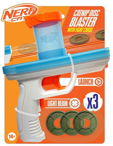 Nerf Cat Catnip Blaster with 3 Discs and Laser Pointer, 7.88-Inch Interactive Toy for Cats, White/Blue/Orange